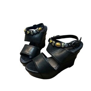 Y2K Nicole Black Leather Wedge Boho SandalsWomen 7.5